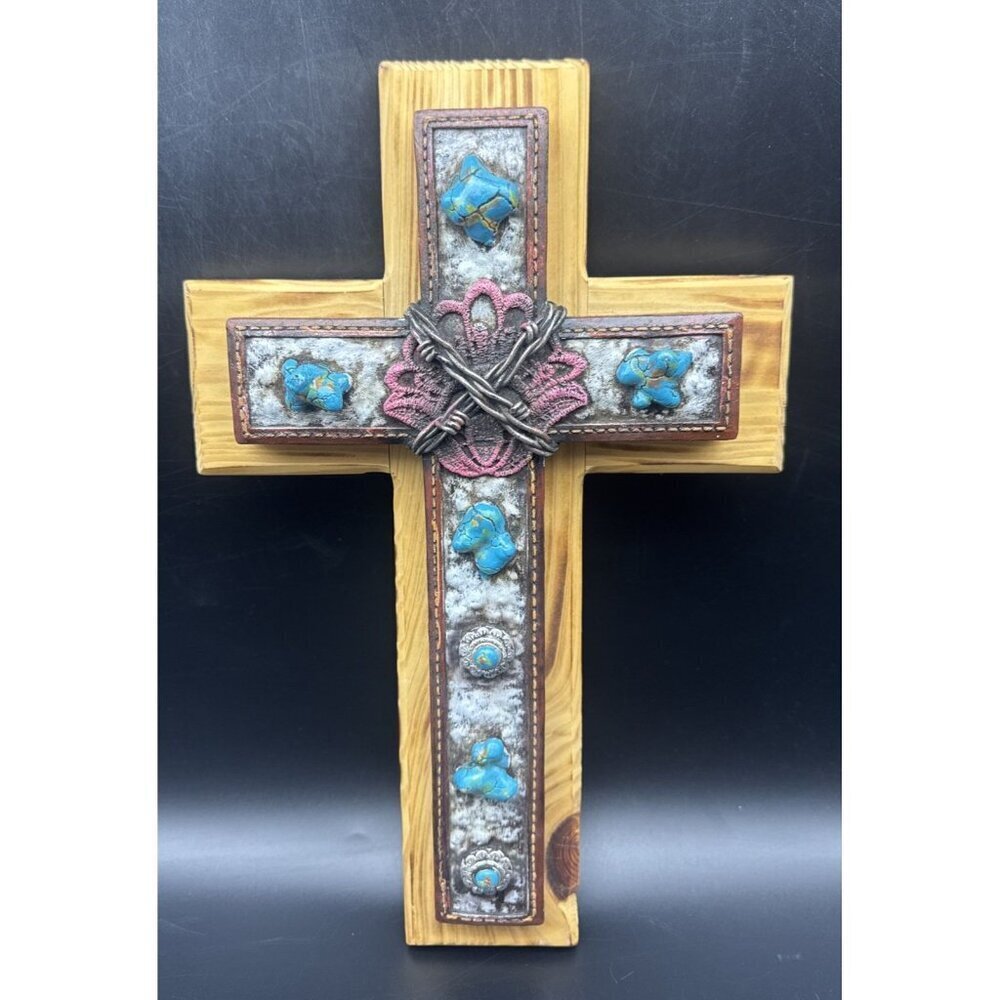 Rustic SouthWestern Turquoise Silver Pink Wooden Wall Cross Decor 16”